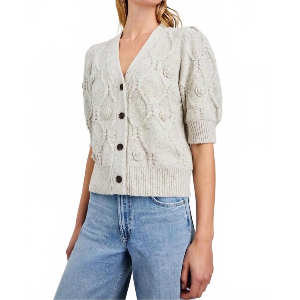 Rails Cream Cable-Knit Puff Sleeve Cardigan
